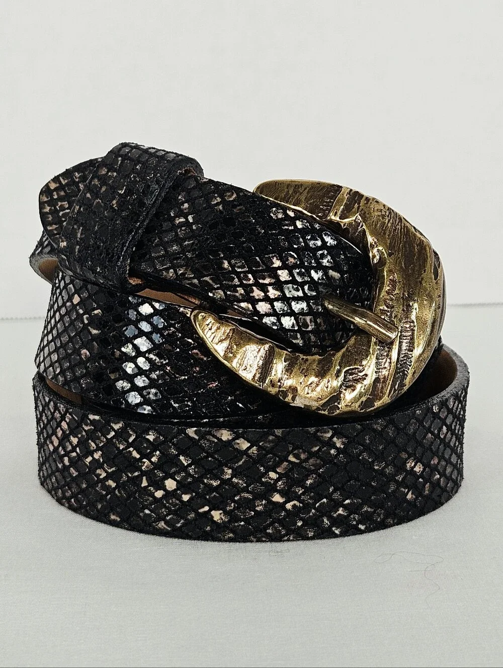Streets Ahead Snake Embossed Leather Belt Hammered Gold Buckle USA M